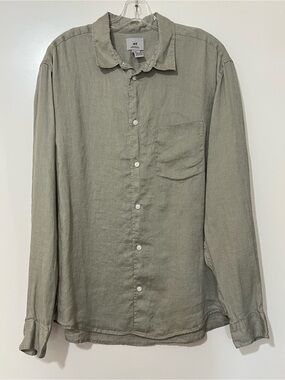 H&M Olive Green Casual Button-Down Linen Shirt Regular Fit